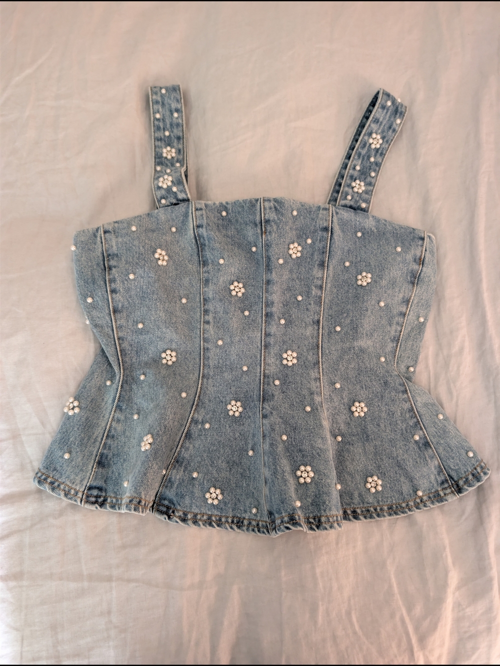 Steve Madden Light Blue Pearl-Embellished Denim Corset Camisole